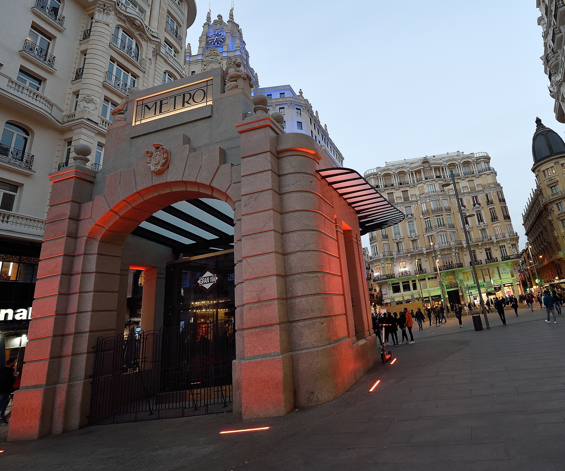 Gran Vía metro entrance at dusk, Madrid
